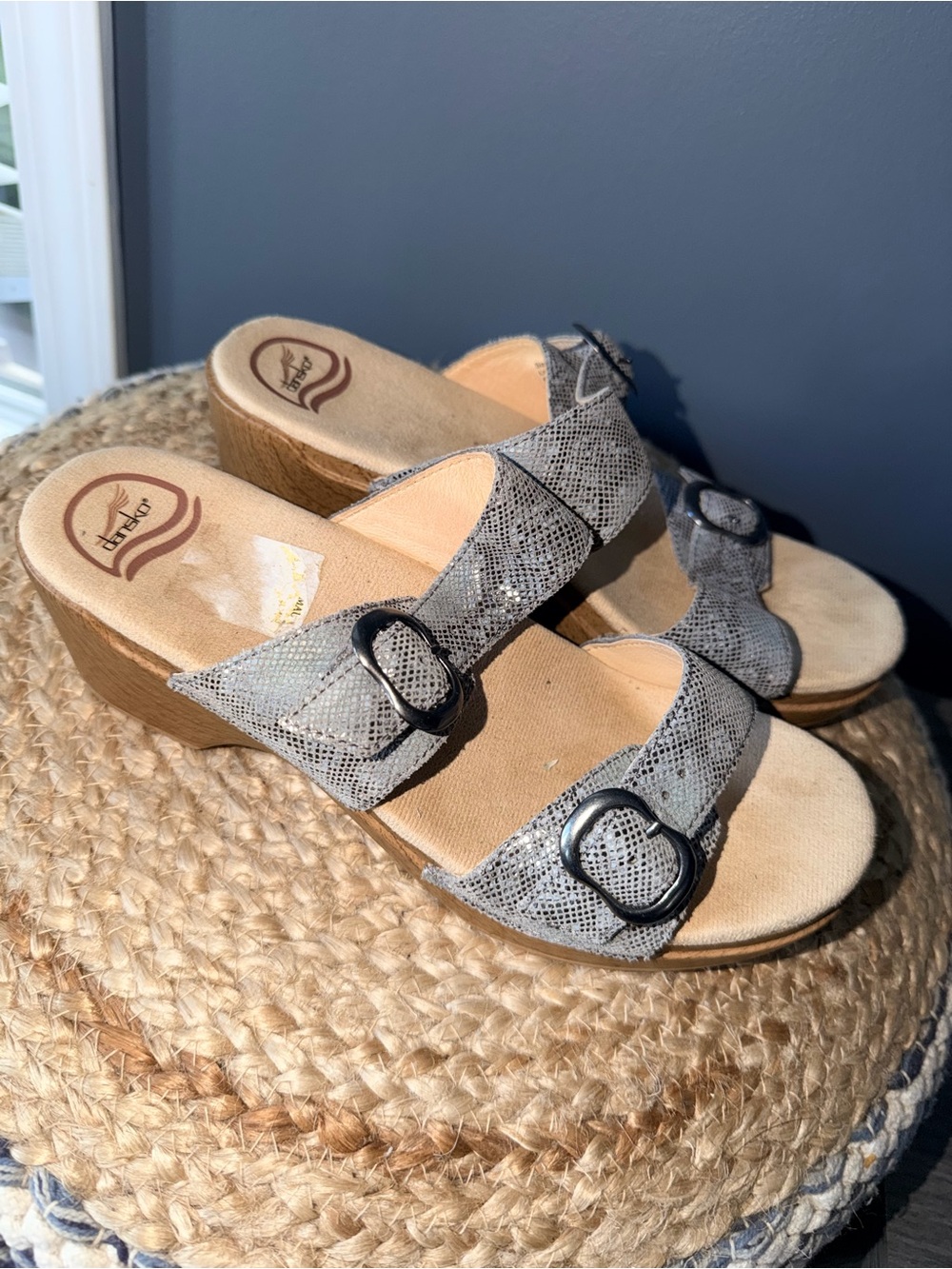 Dansko Sophie Gray Metallic Snake Print Sandals